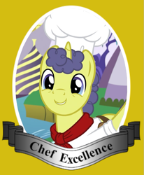 Size: 649x789 | Tagged: safe, edit, edited screencap, screencap, species:pony, episode:the ending of the end, g4, my little pony: friendship is magic, ashens, chef excellence, chef's hat, clothing, cropped, hat, male, saddle bag, solo, stallion, stove comet