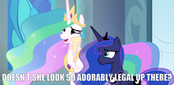 Size: 1360x666 | Tagged: safe, edit, edited screencap, screencap, character:princess celestia, character:princess luna, species:alicorn, species:pony, episode:the ending of the end, g4, my little pony: friendship is magic, caption, image macro, impact font, implied twilight sparkle, text, throne room