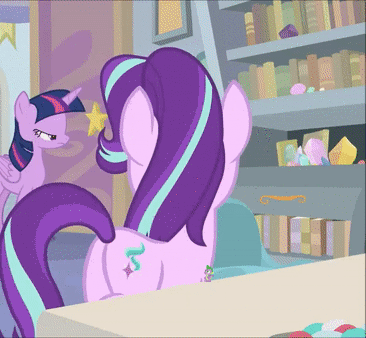 Size: 366x338 | Tagged: safe, edit, edited screencap, screencap, character:spike, character:starlight glimmer, character:twilight sparkle, character:twilight sparkle (alicorn), species:alicorn, species:dragon, species:pony, species:unicorn, ship:sparlight, episode:a horse shoe-in, g4, my little pony: friendship is magic, animated, butt, cropped, female, gif, male, mare, micro, plot, rear view, shipping, shrunken, size difference, straight, tiny