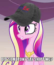 Size: 500x600 | Tagged: safe, edit, edited screencap, screencap, character:princess cadance, species:alicorn, species:pony, episode:games ponies play, g4, my little pony: friendship is magic, baseball cap, cap, caption, clothing, cropped, fedex, female, hat, image macro, literal shipping, mare, princess of love, princess of shipping, reaction image, shipper on deck, shipping, solo, text, visual gag