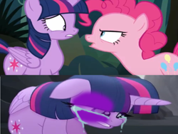 Size: 1024x768 | Tagged: safe, edit, edited screencap, screencap, character:pinkie pie, character:twilight sparkle, species:alicorn, species:earth pony, species:pony, episode:the mean 6, g4, my little pony: friendship is magic, my little pony: the movie (2017), 1000 hours in ms paint, abuse, abuse edit, angry, background pony strikes again, bad edit, black eye, bruised, cropped, crying, downvote bait, drama bait, eye contact, female, floppy ears, horn, looking at each other, mare, op is a duck, op is trying to start shit, out of character, twilybuse, why, wings