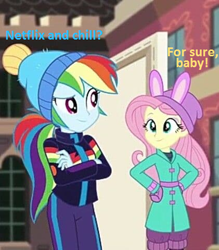 Size: 421x480 | Tagged: safe, edit, edited screencap, screencap, character:fluttershy, character:rainbow dash, equestria girls:holidays unwrapped, g4, my little pony: equestria girls, my little pony:equestria girls, spoiler:eqg series (season 2), blizzard or bust, bunny ears, clothing, coat, cropped, female, hat, implied flutterdash, implied lesbian, implied shipping, innuendo, jacket, low quality, meme, netflix and chill, this will end in kisses, winter, winter outfit