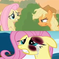 Size: 768x768 | Tagged: safe, edit, edited screencap, screencap, character:applejack, character:fluttershy, species:earth pony, species:pegasus, species:pony, episode:hurricane fluttershy, episode:sounds of silence, g4, my little pony: friendship is magic, 1000 hours in ms paint, abuse, abuse edit, angry, background pony strikes again, bad edit, black eye, bruised, cropped, downvote bait, drama bait, eye contact, female, flutterbuse, go to sleep gladmane, looking at each other, mare, op is a duck, op is trying to start shit, op started shit, out of character, why, wings