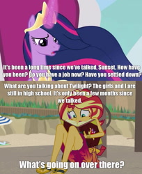 Size: 725x889 | Tagged: safe, edit, edited screencap, screencap, character:sunset shimmer, character:twilight sparkle, character:twilight sparkle (alicorn), species:alicorn, species:pony, episode:the last problem, equestria girls:forgotten friendship, g4, my little pony: equestria girls, my little pony: friendship is magic, my little pony:equestria girls, older, older twilight, princess twilight 2.0, theory of relativity, time difference, what a twist