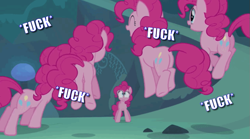 Size: 745x415 | Tagged: safe, edit, edited screencap, screencap, character:pinkie pie, episode:too many pinkie pies, g4, my little pony: friendship is magic, caption, clone, clones, image macro, pinkie clone, text, this will end in snu snu, vulgar