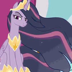 Size: 960x960 | Tagged: safe, edit, edited screencap, screencap, character:mean twilight sparkle, character:twilight sparkle, character:twilight sparkle (alicorn), species:alicorn, species:pony, episode:the last problem, episode:the mean 6, g4, my little pony: friendship is magic, canterlot castle, cropped, crown, ethereal mane, female, flowing mane, hoof shoes, jewelry, princess mean twilight 2.0, princess twilight 2.0, raised eyebrow, regalia, sitting, solo, throne, throne room, wings