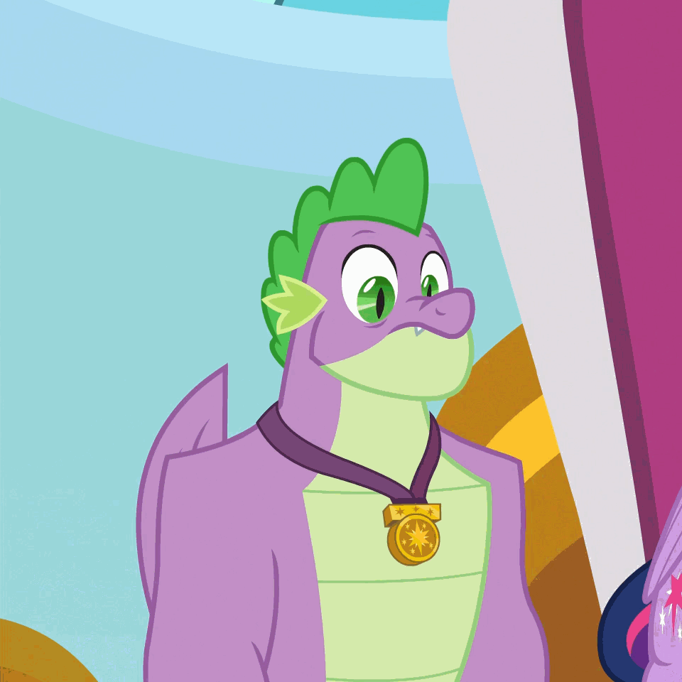 Size: 960x960 | Tagged: safe, edit, edited screencap, screencap, character:spike, derpibooru, episode:the last problem, g4, my little pony: friendship is magic, animated, cropped, dialogue, gif, gigachad spike, juxtaposition, meta, older, older spike, solo focus