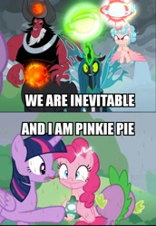Size: 800x1162 | Tagged: safe, edit, edited screencap, screencap, character:cozy glow, character:lord tirek, character:pinkie pie, character:queen chrysalis, character:spike, character:twilight sparkle, character:twilight sparkle (alicorn), species:alicorn, species:centaur, species:changeling, species:dragon, species:earth pony, species:pony, episode:the ending of the end, g4, my little pony: friendship is magic, alicornified, and i am iron man, avengers: endgame, changeling queen, cozycorn, endgame, female, grogar's bell, i am inevitable, i am inevitable and i am iron man, iron man, magic, meme, race swap, text, thanos, tony stark, ultimate chrysalis