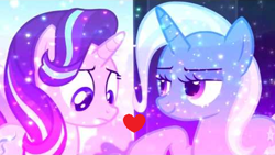 Size: 478x269 | Tagged: safe, edit, edited screencap, screencap, character:starlight glimmer, character:trixie, species:pony, ship:startrix, female, heart, lesbian, shipping, shipping domino