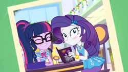 Size: 1920x1080 | Tagged: safe, edit, edited screencap, screencap, character:rarity, character:twilight sparkle, character:twilight sparkle (scitwi), species:eqg human, fanfic:the enchanted library, equestria girls:holidays unwrapped, g4, my little pony: equestria girls, my little pony:equestria girls, spoiler:eqg series (season 2), blushing, book, detective rarity, geode of shielding, geode of telekinesis, implied lesbian, implied raritwi, implied shipping, magical geodes, shadow spade, smiling