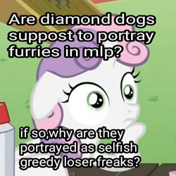 Size: 500x500 | Tagged: safe, edit, edited screencap, screencap, character:sweetie belle, species:diamond dog, species:pony, species:unicorn, episode:ponyville confidential, g4, my little pony: friendship is magic, confused, cropped, exploitable meme, eyes open, female, filly, floppy ears, hoof on chin, image macro, meme, obligatory pony, op is a duck, op is trying to start shit, sudden clarity sweetie belle, table, text
