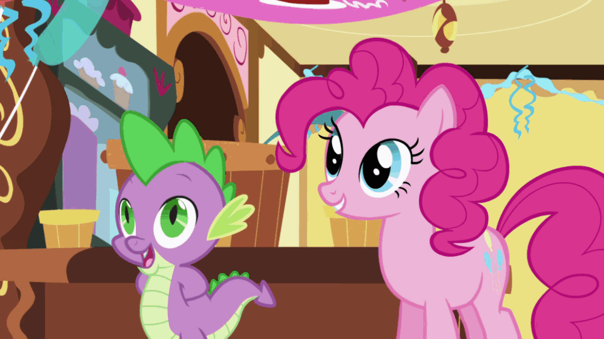 Size: 1244x700 | Tagged: safe, edit, edited screencap, screencap, character:cloud kicker, character:pinkie pie, character:spike, species:dragon, species:earth pony, species:pegasus, species:pony, episode:griffon the brush-off, g4, my little pony: friendship is magic, animated, background pony, blindfold, cropped, cute, dragons riding ponies, female, gif, hoofy-kicks, horses doing horse things, laughing, male, mare, out of context, puffy cheeks, rearing, riding, scrunchy face, smiling, sugarcube corner