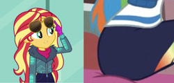 Size: 1595x768 | Tagged: safe, edit, edited screencap, screencap, character:rainbow dash, character:sunset shimmer, equestria girls:holidays unwrapped, g4, my little pony: equestria girls, my little pony:equestria girls, spoiler:eqg series (season 2), clothing, eyes on the prize, glasses, implied lesbian, lifting glasses, rainbutt dash