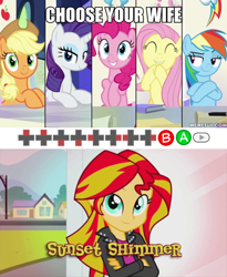 Size: 600x731 | Tagged: safe, edit, edited screencap, screencap, character:applejack, character:fluttershy, character:pinkie pie, character:rainbow dash, character:rarity, character:sunset shimmer, species:earth pony, species:pegasus, species:pony, species:unicorn, episode:sparkle's seven, g4, my little pony: friendship is magic, my little pony:equestria girls, button, caption, cheat code, choose your wife, controller, eyes closed, female, friendship throne, image macro, konami code, mare, text