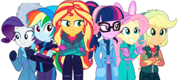Size: 1280x572 | Tagged: safe, edit, edited screencap, screencap, character:applejack, character:fluttershy, character:rainbow dash, character:rarity, character:sunset shimmer, character:twilight sparkle, character:twilight sparkle (scitwi), species:eqg human, equestria girls:holidays unwrapped, g4, my little pony: equestria girls, my little pony:equestria girls, spoiler:eqg series (season 2), background removed, cap, clothing, earmuffs, glasses, gloves, hat, jacket, scarf