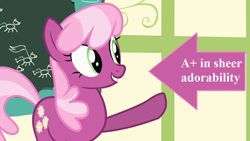 Size: 1280x720 | Tagged: safe, edit, edited screencap, screencap, character:cheerilee, species:earth pony, species:pony, episode:flight to the finish, g4, my little pony: friendship is magic, a+, arrow, captain obvious, chalkboard, cheeribetes, cute, female, mare, ponyville schoolhouse, raised hoof, solo, text