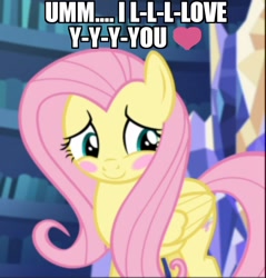 Size: 956x1000 | Tagged: safe, edit, edited screencap, screencap, character:fluttershy, species:pegasus, species:pony, episode:scare master, g4, my little pony: friendship is magic, bashful, blush sticker, blushing, bronybait, caption, cropped, cute, dawwww, female, hnnng, i love you, image macro, looking away, mare, shy, shyabetes, smiling, solo, talking to viewer, text