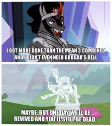 Size: 2893x3237 | Tagged: safe, edit, edited screencap, screencap, character:cozy glow, character:king sombra, character:lord tirek, character:queen chrysalis, episode:the ending of the end, g4, my little pony: friendship is magic, caption, image macro, legion of doom, legion of doom statue, petrification, text