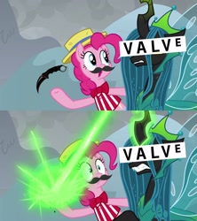Size: 1920x2160 | Tagged: safe, edit, edited screencap, screencap, character:pinkie pie, character:queen chrysalis, species:changeling, species:earth pony, species:pony, episode:the ending of the end, g4, my little pony: friendship is magic, changeling queen, chrysalis blasts things, counter-strike: global offensive, fake moustache, female, knife, meme, ultimate chrysalis, valve