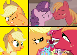 Size: 1784x1284 | Tagged: safe, edit, edited screencap, screencap, character:apple bloom, character:applejack, character:big mcintosh, character:cup cake, character:scootaloo, character:sugar belle, character:sweetie belle, species:pegasus, species:pony, ship:applemac, ship:sugarmac, episode:hard to say anything, episode:hearts and hooves day, g4, my little pony: friendship is magic, alabama, applecest, comparison, cutie mark crusaders, female, hotline bling, incest, male, meme, shipping, straight, treehouse logo