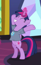 Size: 365x579 | Tagged: safe, edit, edited screencap, screencap, character:dj pon-3, character:twilight sparkle, character:twilight sparkle (alicorn), character:vinyl scratch, species:alicorn, species:pony, episode:a trivial pursuit, g4, my little pony: friendship is magic, bipedal, clothing, cropped, cute, excited, eyes closed, female, glowing horn, shirt, smiling, solo, t-shirt, twiabetes, twilighting