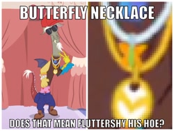 Size: 1440x1080 | Tagged: safe, edit, edited screencap, screencap, character:discord, species:draconequus, episode:discordant harmony, g4, my little pony: friendship is magic, butterfly, caption, image macro, implied fluttershy, jewelry, male, meme, necklace, question, sunglasses, text, vulgar