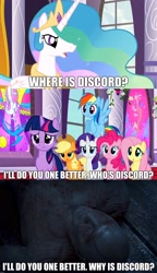 Size: 1898x3285 | Tagged: safe, edit, edited screencap, screencap, character:applejack, character:discord, character:fluttershy, character:pinkie pie, character:princess celestia, character:princess luna, character:rainbow dash, character:rarity, character:twilight sparkle, character:twilight sparkle (unicorn), species:alicorn, species:earth pony, species:pegasus, species:pony, species:unicorn, episode:the return of harmony, g4, my little pony: friendship is magic, caption, dialogue, drax the destroyer, female, flower, image macro, infinity war, mane six, mare, marvel, meme, movie, pillar, stained glass, text, window