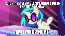 Size: 600x337 | Tagged: safe, edit, edited screencap, screencap, character:dj pon-3, character:vinyl scratch, episode:the saddle row review, g4, my little pony: friendship is magic, caption, female, image macro, solo, text