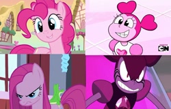 Size: 1118x715 | Tagged: safe, edit, edited screencap, screencap, character:gummy, character:pinkamena diane pie, character:pinkie pie, episode:a friend in deed, episode:party of one, g4, my little pony: friendship is magic, comparison, spinel (steven universe), steven universe