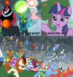 Size: 1920x2007 | Tagged: safe, edit, edited screencap, screencap, character:amethyst star, character:autumn blaze, character:big mcintosh, character:blaze, character:chancellor neighsay, character:chief thunderhooves, character:cozy glow, character:firelight, character:fizzlepop berrytwist, character:flam, character:fleetfoot, character:flim, character:gabby, character:garble, character:gilda, character:grampa gruff, character:greta, character:lemon hearts, character:little strongheart, character:lord tirek, character:lyra heartstrings, character:minuette, character:moondancer, character:night light, character:party favor, character:pharynx, character:prince pharynx, character:prince rutherford, character:princess ember, character:prominence, character:queen chrysalis, character:rain shine, character:ruby love, character:seaspray, character:sky beak, character:soarin', character:sparkler, character:spitfire, character:stellar flare, character:sunburst, character:surprise, character:tempest shadow, character:terramar, character:thorax, character:trixie, character:twilight sparkle, character:twilight sparkle (alicorn), character:twilight velvet, character:zecora, species:alicorn, species:changeling, species:crystal pony, species:dragon, species:griffon, species:hippogriff, species:kirin, species:pony, species:reformed changeling, episode:2-4-6 greaaat, episode:the ending of the end, g4, my little pony: friendship is magic, alicornified, apple, awesome, ballista, billy (dragon), cap, carapace (character), clothing, clump, comic, cozycorn, cropped, crowning moment of awesome, endgame, equestria assemble, everycreature, everyone is here, everypony, evil grin, fence, final battle, food, fume, glowing horn, grin, hat, horn, magic, outdoors, plot twist, pointing, powerful, race swap, screencap comic, slasher smile, smiling, smug, smuglight sparkle, spear (dragon), spiracle, tree, trio, ultimate chrysalis, uniform, wall of tags, wind waker (character), wonderbolts uniform