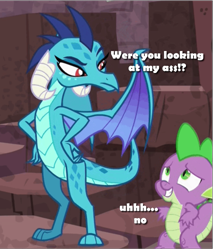 Size: 535x627 | Tagged: safe, edit, edited screencap, screencap, character:princess ember, character:spike, species:dragon, episode:gauntlet of fire, g4, my little pony: friendship is magic, caption, caught, cropped, dragoness, female, image macro, male, text, vulgar