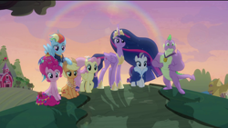 Size: 1920x1080 | Tagged: safe, edit, edited screencap, screencap, character:applejack, character:fluttershy, character:pinkie pie, character:rainbow dash, character:rarity, character:spike, character:twilight sparkle, character:twilight sparkle (alicorn), species:alicorn, species:dragon, species:earth pony, species:pegasus, species:pony, species:unicorn, episode:the last problem, g4, my little pony: friendship is magic, cape, clothing, crown, flower, flower in hair, gigachad spike, granny smith's scarf, jacket, jewelry, lens flare, mane seven, mane six, older, older fluttershy, older pinkie pie, older rainbow dash, older rarity, older spike, older twilight, princess twilight 2.0, regalia, removed eyebag edit, rubber duck, sunset, teddy bear