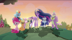 Size: 1920x1080 | Tagged: safe, edit, edited screencap, screencap, character:applejack, character:fluttershy, character:pinkie pie, character:rainbow dash, character:rarity, character:spike, character:twilight sparkle, character:twilight sparkle (alicorn), species:alicorn, species:dragon, species:pony, episode:the last problem, g4, my little pony: friendship is magic, cape, clothing, ethereal mane, gigachad spike, granny smith's scarf, happy, jacket, mane seven, mane six, older, older applejack, older fluttershy, older pinkie pie, older rainbow dash, older rarity, older spike, older twilight, princess twilight 2.0, removed eyebag edit, rubber duck, smiling, sunset, teddy bear, winged spike