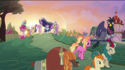 Size: 1920x1080 | Tagged: safe, edit, edited screencap, screencap, character:applejack, character:fluttershy, character:luster dawn, character:pinkie pie, character:rainbow dash, character:rarity, character:spike, character:twilight sparkle, character:twilight sparkle (alicorn), species:alicorn, species:dragon, species:earth pony, species:griffon, species:kirin, species:pegasus, species:pony, species:unicorn, species:yak, episode:the last problem, g4, my little pony: friendship is magic, cape, clothing, crown, ethereal mane, eyes closed, flower, flower in hair, gallop j. fry, georgia (character), gigachad spike, granny smith's scarf, happy, jacket, jewelry, lens flare, mane seven, mane six, nose piercing, nose ring, older, older applejack, older fluttershy, older gallop j. fry, older mane seven, older mane six, older pinkie pie, older rainbow dash, older rarity, older spike, older twilight, piercing, pigtails, princess twilight 2.0, quadrupedal, regalia, removed eyebag edit, river song (character), rubber duck, smiling, sunset, teddy bear, winged spike, yelena