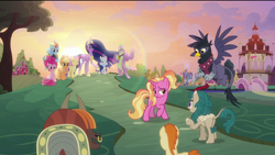 Size: 1920x1080 | Tagged: safe, edit, edited screencap, screencap, character:applejack, character:fluttershy, character:luster dawn, character:pinkie pie, character:rainbow dash, character:rarity, character:spike, character:twilight sparkle, character:twilight sparkle (alicorn), species:alicorn, species:dragon, species:earth pony, species:griffon, species:kirin, species:pegasus, species:pony, species:unicorn, species:yak, episode:the last problem, g4, my little pony: friendship is magic, barn, cape, castle, clothing, ethereal mane, eyes closed, flower, flower in hair, gallop j. fry, georgia (character), gigachad spike, granny smith's scarf, jacket, lens flare, lidded eyes, mane seven, mane six, nose piercing, nose ring, older, older applejack, older fluttershy, older gallop j. fry, older pinkie pie, older rainbow dash, older rarity, older spike, older twilight, out of context, piercing, ponyville, princess twilight 2.0, quadrupedal, removed eyebag edit, river song (character), smiling, sunset, sweet apple acres, waving, winged spike, yelena