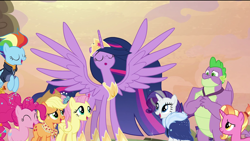 Size: 1920x1080 | Tagged: safe, edit, edited screencap, screencap, character:applejack, character:fluttershy, character:luster dawn, character:pinkie pie, character:rainbow dash, character:rarity, character:spike, character:twilight sparkle, character:twilight sparkle (alicorn), species:alicorn, species:dragon, species:earth pony, species:pegasus, species:pony, species:unicorn, episode:the last problem, g4, my little pony: friendship is magic, cape, clothing, crown, ethereal mane, eyes closed, flower, flower in hair, folded wings, gigachad spike, granny smith's scarf, happy, horn, jacket, jewelry, mane seven, mane six, older, older applejack, older fluttershy, older pinkie pie, older rainbow dash, older rarity, older spike, older twilight, princess twilight 2.0, regalia, removed eyebag edit, rubber duck, singing, smiling, spread wings, sunset, winged spike, wings