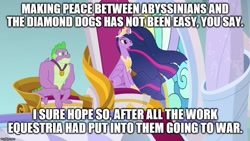 Size: 888x500 | Tagged: safe, edit, edited screencap, screencap, character:spike, character:twilight sparkle, character:twilight sparkle (alicorn), species:alicorn, species:pony, episode:the last problem, g4, my little pony: friendship is magic, caption, image macro, princess twilight 2.0, text, twilight is not amused, unamused