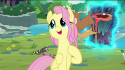 Size: 1920x1080 | Tagged: safe, edit, edited screencap, screencap, character:fluttershy, species:bird, species:deer, species:duck, species:pegasus, species:pony, episode:the last problem, g4, my little pony: friendship is magic, doe, female, flower, flower in hair, happy, jumping, older, older fluttershy, raccoon, removed eyebag edit, river, singing, smiling, solo, stag, the discord zone, tree, wormhole