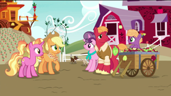 Size: 1920x1080 | Tagged: safe, edit, edited screencap, screencap, character:applejack, character:big mcintosh, character:little mac, character:luster dawn, character:sugar belle, species:dog, species:earth pony, species:pony, species:unicorn, ship:sugarmac, episode:the last problem, g4, my little pony: friendship is magic, apple, apple family, aunt and nephew, brandy (g4), brother and sister, carrot, colt, cookie (character), dakota (character), farm, father and son, female, foal, food, fritter (character), granny smith's scarf, happy, husband and wife, male, mare, mother and son, older, older applejack, older big macintosh, older sugar belle, raised leg, removed eyebag edit, shipping, siblings, smiling, stallion, straight, sweet apple acres, wagon, wichita (character)