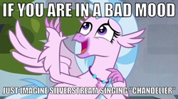 Size: 700x393 | Tagged: safe, edit, edited screencap, screencap, character:silverstream, species:hippogriff, episode:school daze, g4, my little pony: friendship is magic, bronybait, caption, chandelier (song), female, image macro, jewelry, meme, necklace, open mouth, solo, spread wings, text, wings