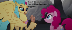 Size: 1920x804 | Tagged: safe, edit, edited screencap, screencap, character:pinkie pie, character:princess skystar, my little pony: the movie (2017), cute, diapinkes, jewelry, necklace, pun, skyabetes, speech, that seapony sure does love shells