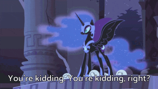 Size: 536x301 | Tagged: safe, edit, edited screencap, screencap, character:nightmare moon, character:princess luna, species:alicorn, species:pony, episode:friendship is magic, g4, my little pony: friendship is magic, animated, caption, castle of the royal pony sisters, element of generosity, element of honesty, element of kindness, element of laughter, element of loyalty, elements of harmony, ethereal mane, female, galaxy mane, jewelry, mare, raised hoof, reaction image, regalia, solo, squint, subtitles, text