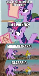 Size: 958x1861 | Tagged: safe, edit, edited screencap, screencap, character:twilight sparkle, character:twilight sparkle (alicorn), species:alicorn, species:pony, episode:marks for effort, g4, my little pony: friendship is magic, angry, bart simpson, caption, comic, homer simpson, image macro, joke, laughing, meme, prank, screencap comic, text, the simpsons, the simpsons movie, who is the princess of friendship?, your mom