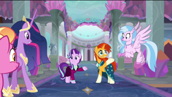 Size: 1920x1080 | Tagged: safe, edit, edited screencap, screencap, character:luster dawn, character:silverstream, character:starlight glimmer, character:sunburst, character:twilight sparkle, character:twilight sparkle (alicorn), species:alicorn, species:hippogriff, species:pony, species:unicorn, episode:the last problem, g4, my little pony: friendship is magic, female, flying, happy, headmare starlight, jewelry, male, mare, necklace, older, older silverstream, older starlight glimmer, older sunburst, older twilight, princess twilight 2.0, removed eyebag edit, school of friendship, smiling, stallion, sunburst the bearded, waving