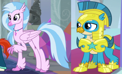 Size: 918x560 | Tagged: safe, edit, edited screencap, screencap, character:gallus, character:silverstream, character:sunburst, species:classical hippogriff, species:griffon, species:hippogriff, ship:gallstream, episode:the last problem, g4, my little pony: friendship is magic, armor, cropped, female, helmet, male, offscreen character, older, older gallus, older silverstream, royal guard armor, royal guard gallus, shipping, straight