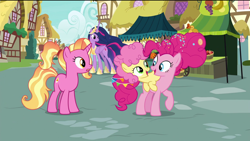 Size: 1920x1080 | Tagged: safe, edit, edited screencap, screencap, character:li'l cheese, character:luster dawn, character:pinkie pie, character:twilight sparkle, character:twilight sparkle (alicorn), species:alicorn, species:earth pony, species:pony, species:unicorn, episode:the last problem, g4, my little pony: friendship is magic, colt, female, foal, happy, male, mare, older, older pinkie pie, ponyville, princess twilight 2.0, removed eyebag edit, rubber duck, smiling, surprised