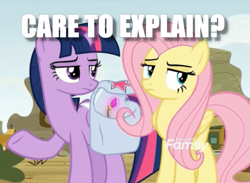 Size: 551x404 | Tagged: safe, edit, edited screencap, screencap, character:fluttershy, character:twilight sparkle, character:twilight sparkle (alicorn), species:alicorn, species:pony, episode:growing up is hard to do, g4, my little pony: friendship is magic, caption, cropped, discovery family logo, duo, flower, image macro, pointing, question, saddle bag, text, unamused, wishing flower