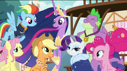 Size: 1920x1080 | Tagged: safe, edit, edited screencap, screencap, character:applejack, character:fluttershy, character:pinkie pie, character:rainbow dash, character:rarity, character:spike, character:twilight sparkle, character:twilight sparkle (alicorn), species:alicorn, species:dragon, species:earth pony, species:pegasus, species:pony, species:unicorn, episode:the last problem, g4, my little pony: friendship is magic, cape, clothing, crown, eyebags edit, eyes closed, flower, flower in hair, flying, gigachad spike, granny smith's scarf, happy, jacket, jewelry, lidded eyes, mane seven, mane six, older, older applejack, older fluttershy, older pinkie pie, older rainbow dash, older rarity, older spike, out of context, princess twilight 2.0, regalia, removed eyebag edit, smiling, winged spike