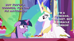 Size: 844x472 | Tagged: safe, edit, edited screencap, screencap, character:princess celestia, character:twilight sparkle, character:twilight sparkle (alicorn), species:alicorn, species:pony, species:unicorn, episode:no second prances, g4, my little pony: friendship is magic, caption, discovery family logo, duo, female, floppy ears, image macro, mare, reality ensues, text