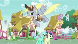 Size: 1920x1080 | Tagged: safe, edit, edited screencap, screencap, character:aquamarine, character:bon bon, character:chip mint, character:derpy hooves, character:first base, character:lyra heartstrings, character:peach fuzz, character:rain catcher, character:sweetie drops, species:earth pony, species:pegasus, species:pony, species:unicorn, episode:the last problem, g4, my little pony: friendship is magic, background pony, bag, blancmange, cap, clothing, flying, hat, lavender lily, lidded eyes, little red, mail, mailbag, mailmare, mouth hold, older aquamarine, older bon bon, older derpy hooves, older first base, older little red, older lyra heartstrings, older peach fuzz, ponyville, removed eyebag edit, saddle bag, uniform